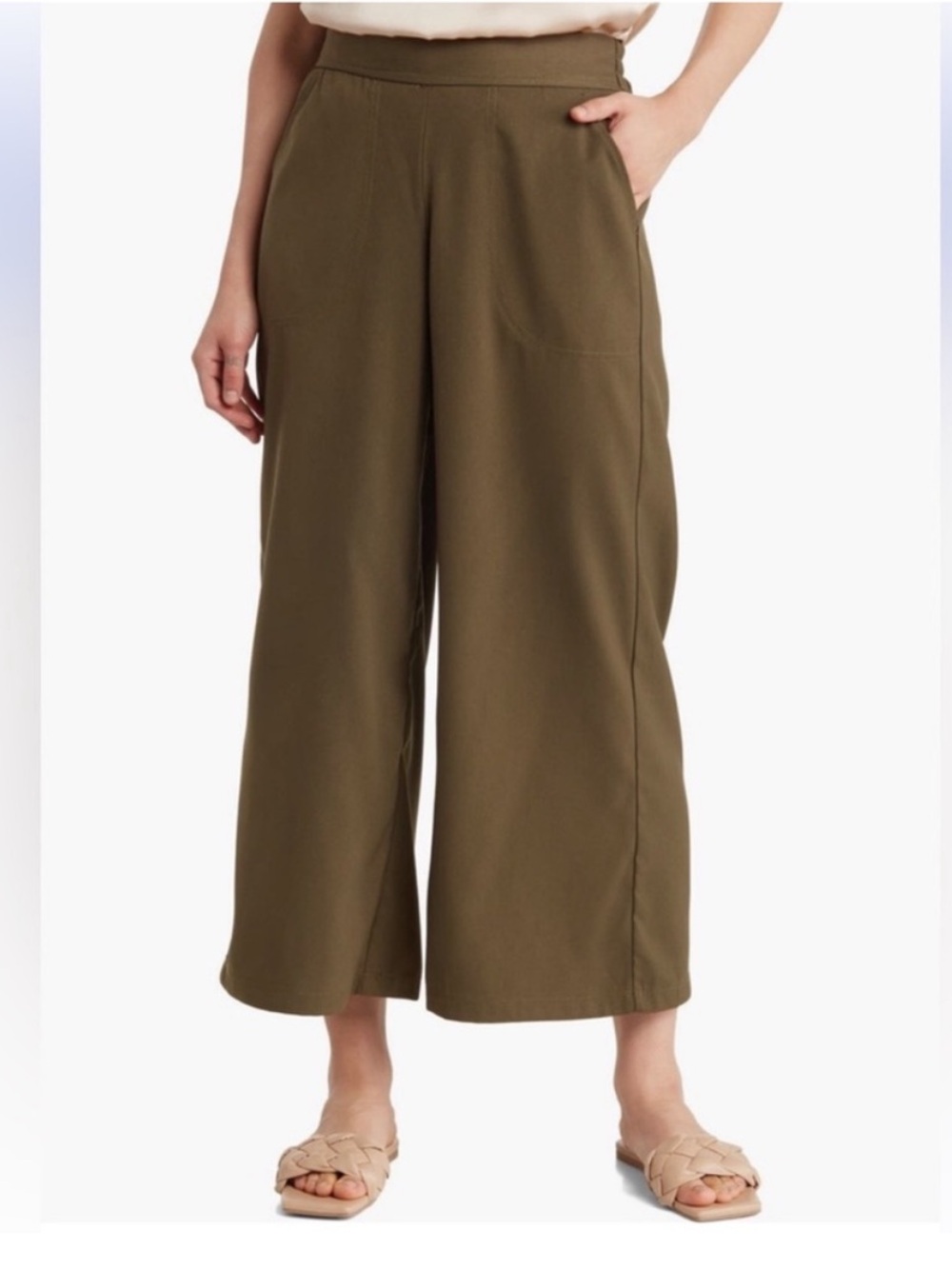 Max Studio wide leg ankle crop pull on trouser olive green